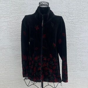 Vintage Coastlines Women's Black and Red Floral Zip Up Jacket Made in Canada